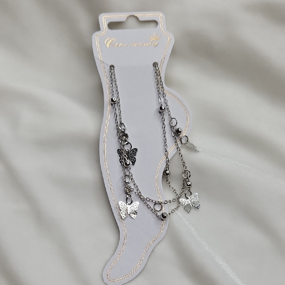 Women's Silver Tone Double Strand Butterfly Charm Ankle Bracelet Anklet Chain